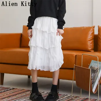 

Alien Kitty Autumn Plus Size White Hot Sale Simple Fresh Casual Empire Pleated Vintage Mid Calf All-Match New High Waist Skirt