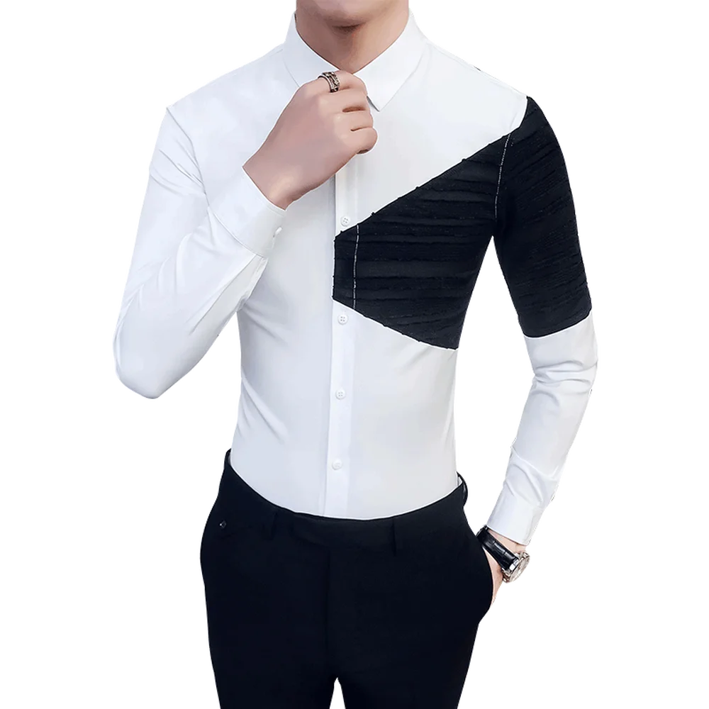 

Hot Sale Men Spring Shirt 2018 Korean Patchwork Design Shirt Dress Men Slim Fit Long Sleeve Casual Night Club Social Shirts Male