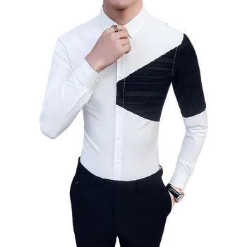 

Hot Sale Men Spring Shirt 2018 Korean Patchwork Design Shirt Dress Men Slim Fit Long Sleeve Casual Night Club Social Shirts Male