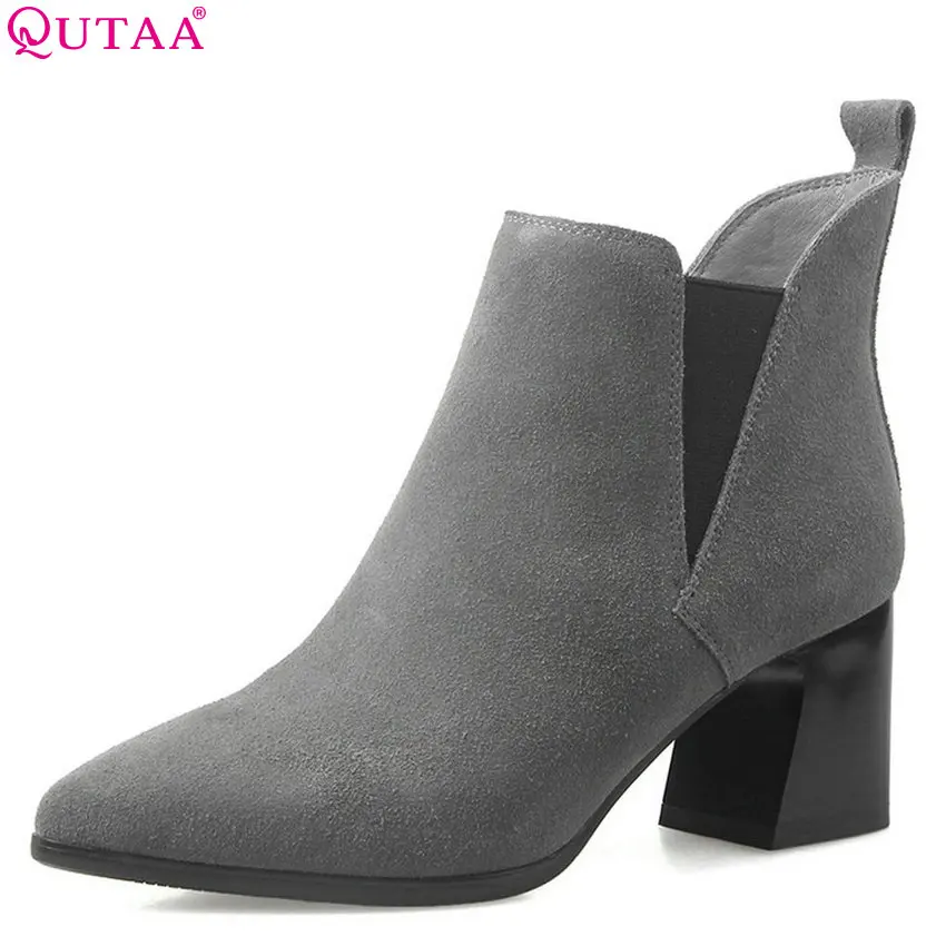 

QUTAA 2019 Women Ankle Boots All Match Platform Square High Heel Pointed Toe Flock Winter Shoes Women Boots Big Size 34-39