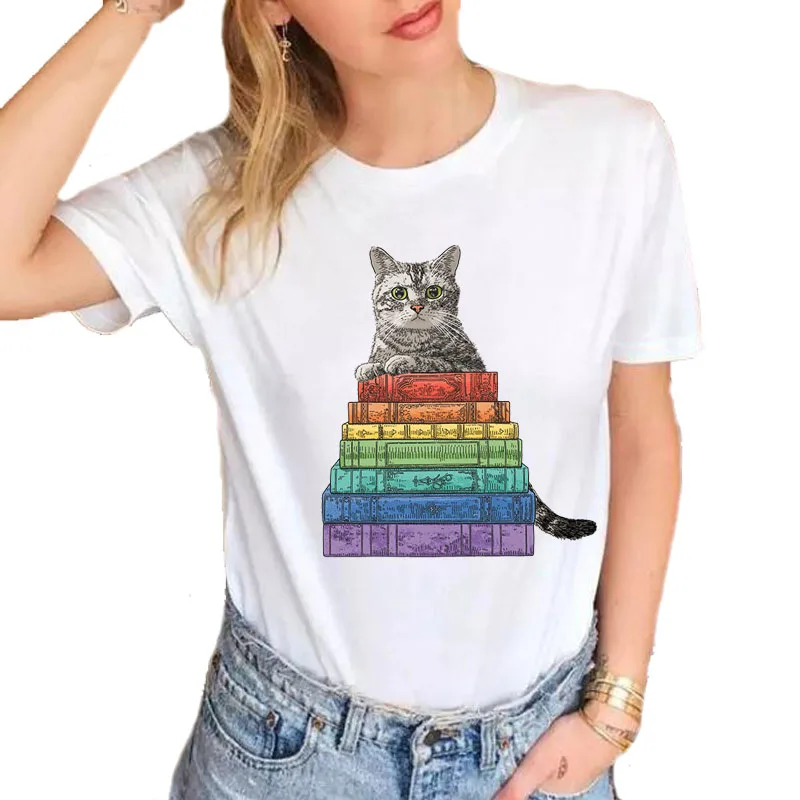 

New Summer Funny Rainbow book Cat T-shirts For Women Harajuku Printed t shirt Cool Soft Cotton Casual White Tops Tees S1261