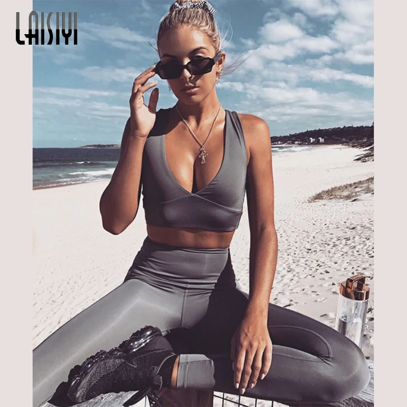 

LAISIYI 2019 Women Sports Set Gym Clothing Leggings+Cropped Shirts Workout Sport Suit Women Long Sleeve Fitness Set Active Wear