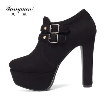 

Fanyuan Plus Size 32-43 Buckle Shoes Women Sweet Booties 2017 Spring Autumn Zipper Thick High Heels with Platform Ankle Boots