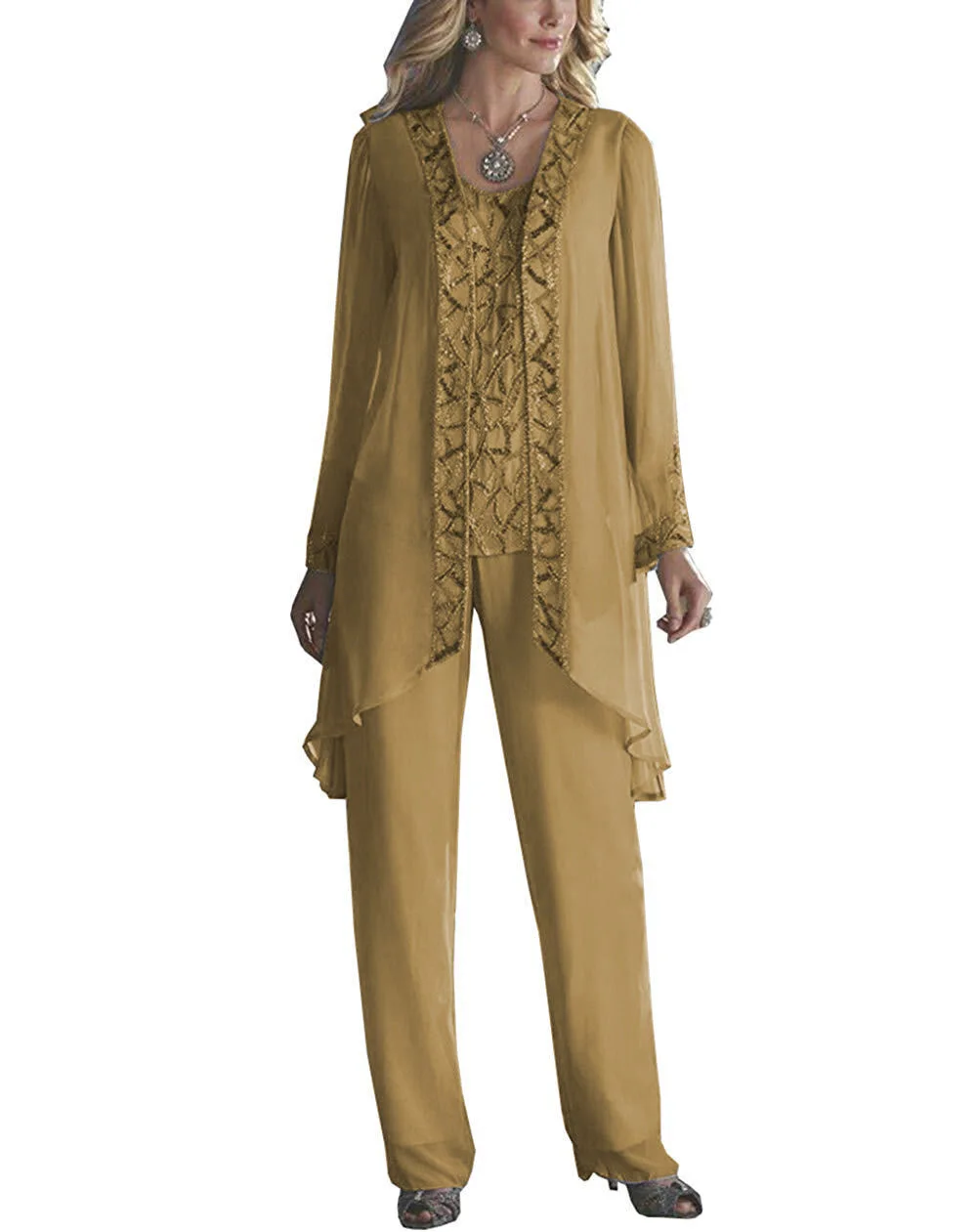 Женский элегантный шифоновый костюм из 3 предметов с блестками, платье для матери невесты, брюки, костюм в пол для свадьбы, жениха - Цвет: Brown
