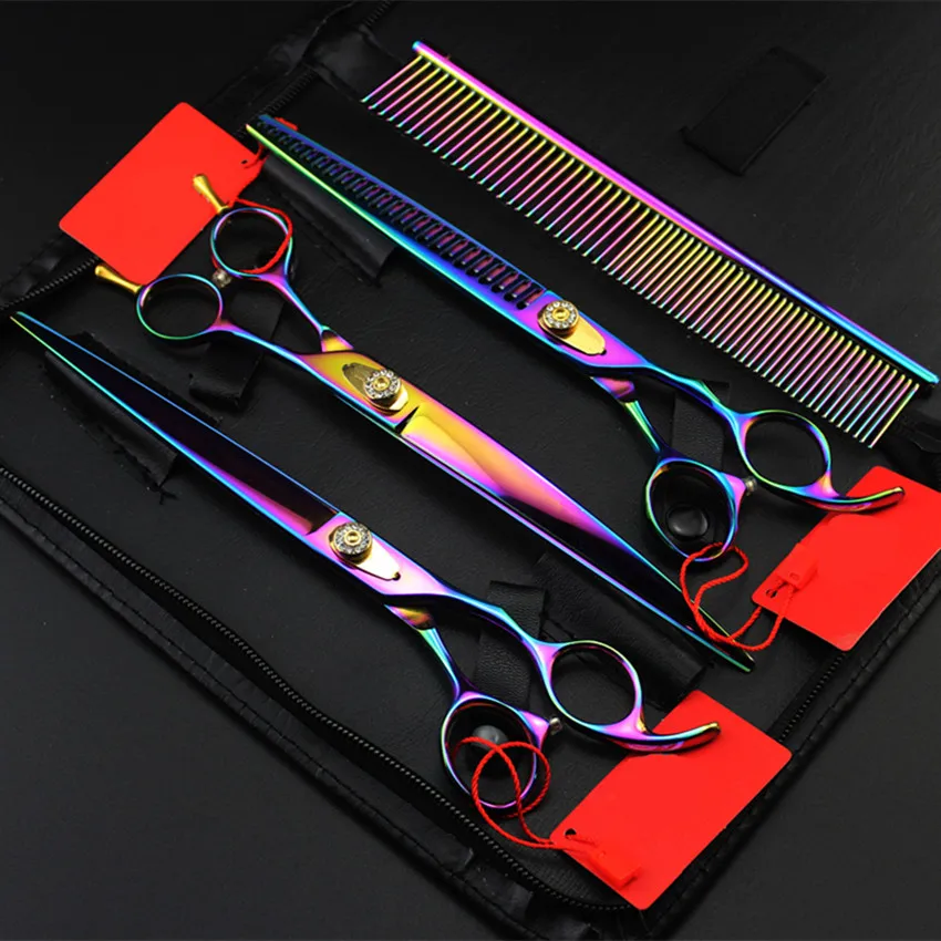 Высокое Качество Японии 440C 4 комплекта 8 дюймов Pet Ножницы стрижка собак истончение волос ножницы парикмахерские инструменты