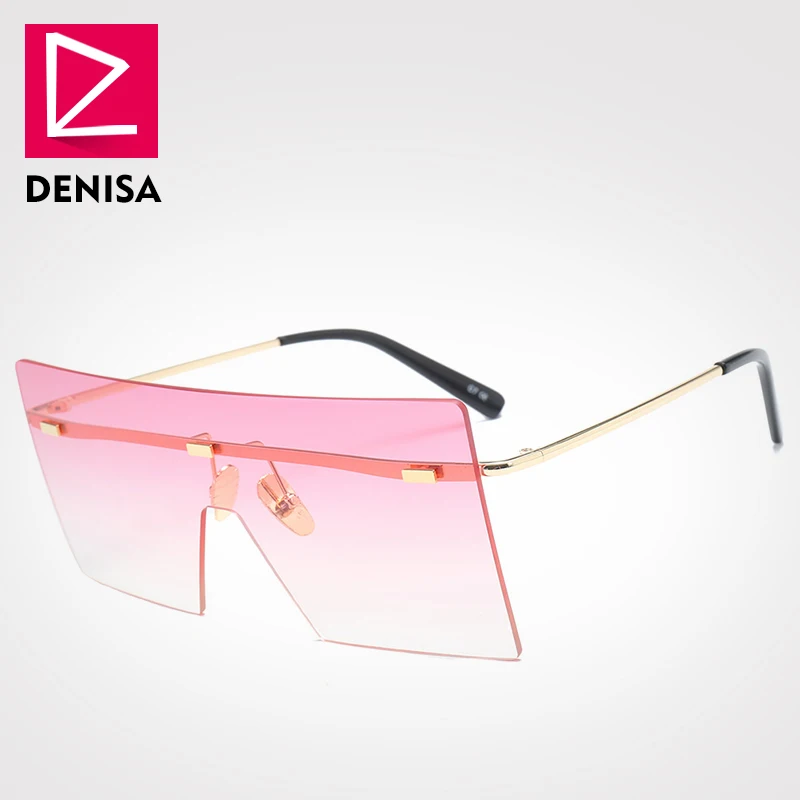 DENISA Shield, негабаритные солнцезащитные очки для женщин и мужчин, трендовые очки, винтажные Квадратные Солнцезащитные очки без оправы, UV400 lunette soleil homme G18076 - Цвет линз: LightPink Sunglasses