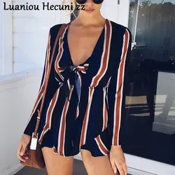 CHU Ni полосатый принт v-образный вырез шифоновый комбинезон Playsuit женский с длинным рукавом Летний Пляжный комбинезон сексуальные