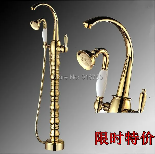 Luxury Golden Polished Bathtub & Shower Faucet Floor Stand Faucets With Handheld Shower 74102