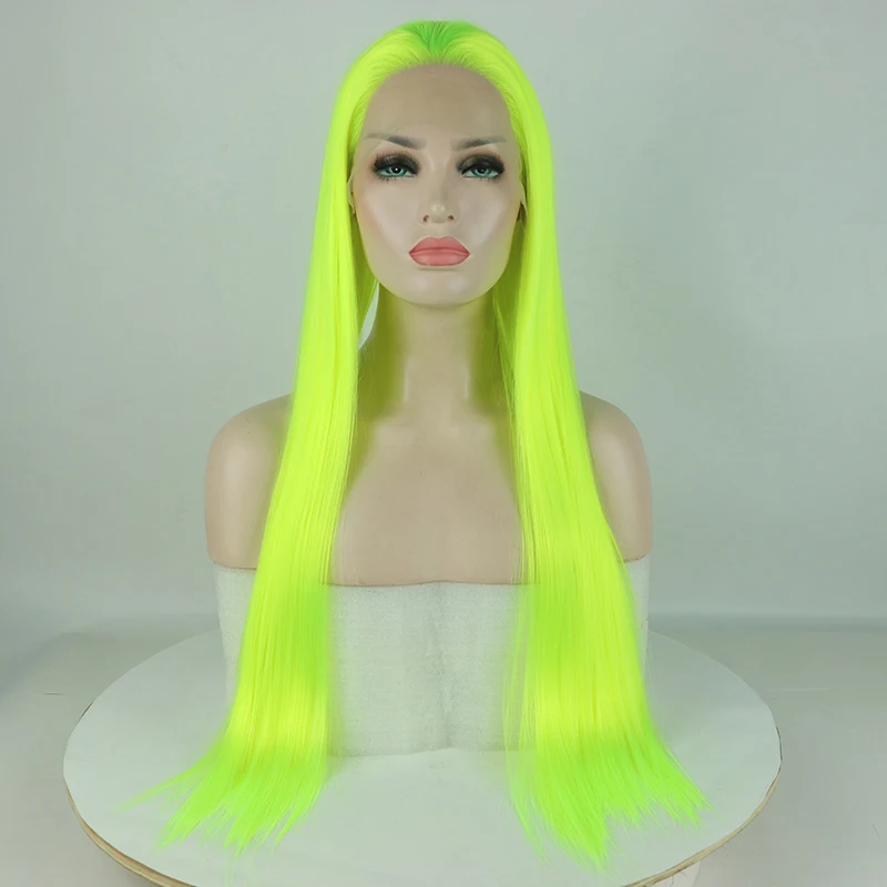 

Fantasy Beauty Yellow Green Wig Long Straight Synthetic Lace Front Wigs Top Fashion Fluorescence Lace Wig For Women