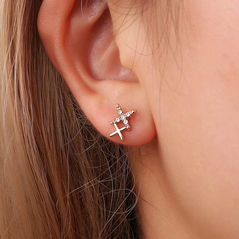 

New creative accessories Korean small fresh personality fashion earrings female double X letter earrings Set drill earrings