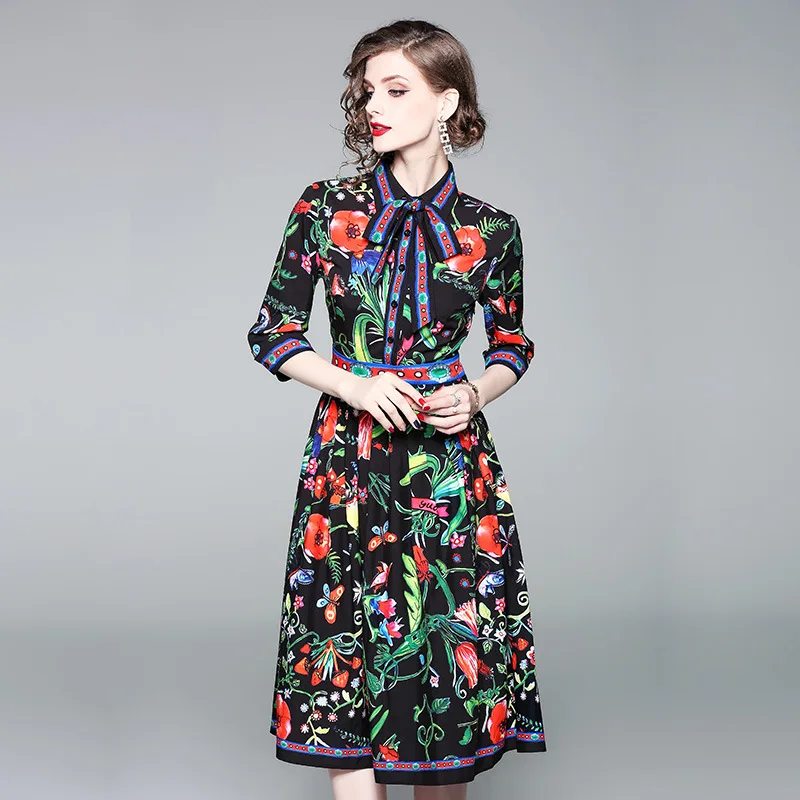 Floral Print Bowknot High Waist Midi Dress|Dresses| - AliExpress