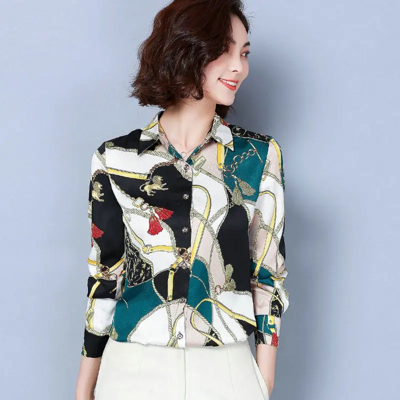 

2019 New Arrival Spring Plus Size Print Women Blouse Turn-down Collar Long Sleeve Casual Elegant Office Womens Tops And Blouses