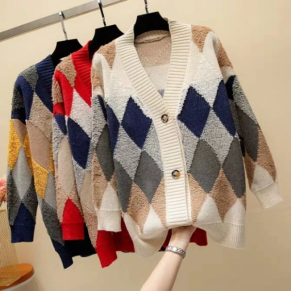 Винтаж, связанное с узором "ромбиками" женский свитер, кардиган осень-зима Вязание куртка Однобортный V образным вырезом свитера