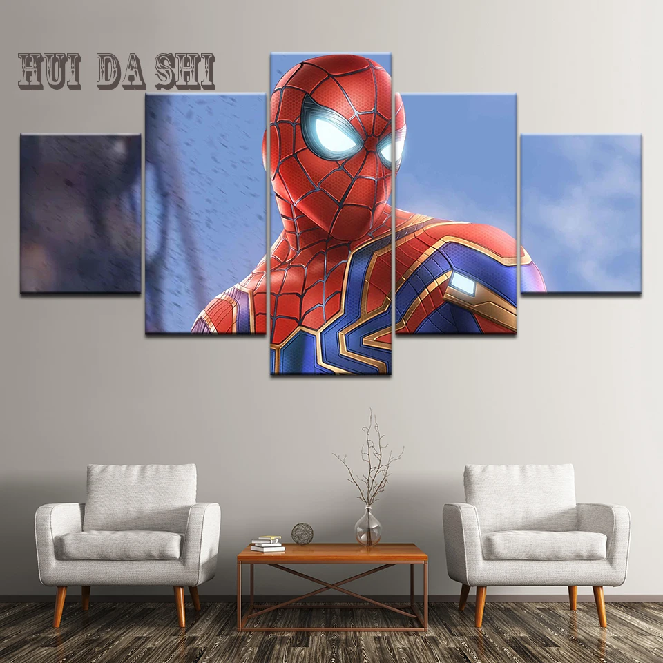 

Superhero Movie cartoon Spiderman 5 Pieces Wall Art Pictures Painting Modern Canvas Living Room Home Decor Modular Frame Poster