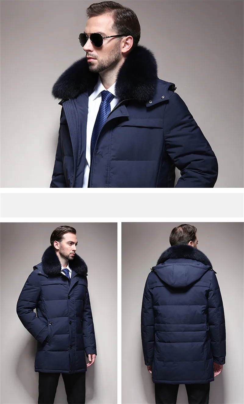 Teaegg высокое качество цвета хаки с капюшоном зимняя куртка Для мужчин утка Подпушка куртка натуральный Лисий меховой воротник Мужские