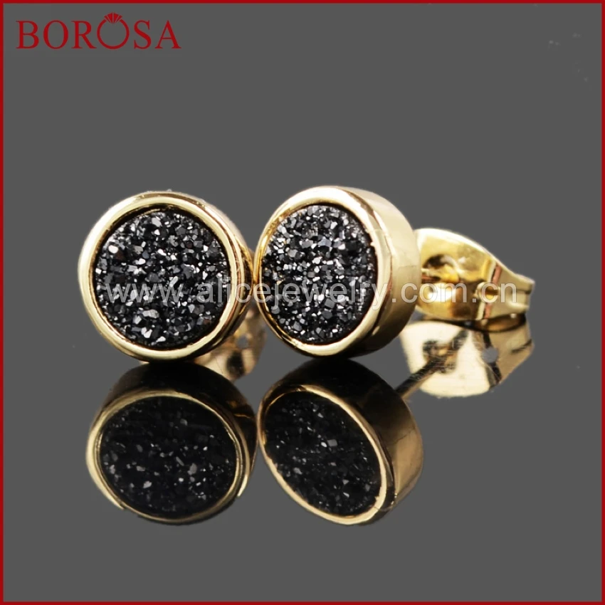 

BOROSA Free Shipping 8mm Gold Color Black Natural Crystal Druzy Titanium Druzy Stud Earrings Fashion Drusy Geode Earring 198-6