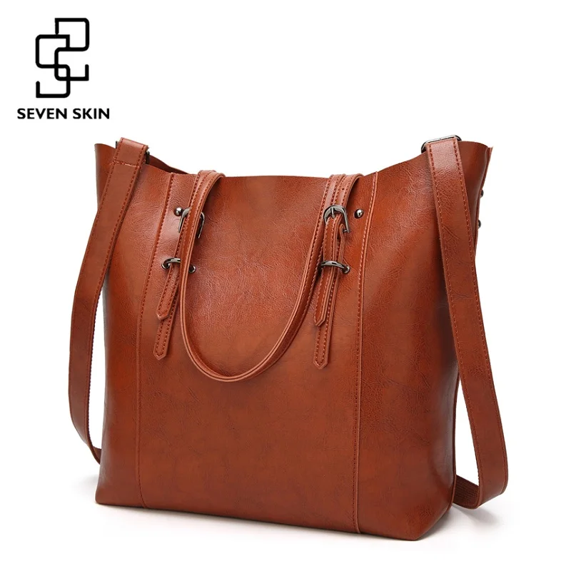 

SEVEN SKIN Brand Women's Shoulder Bags Solid Leather Bag Female Luxury Handbags Women Bags Designer Large Casual Tote Bag 2018
