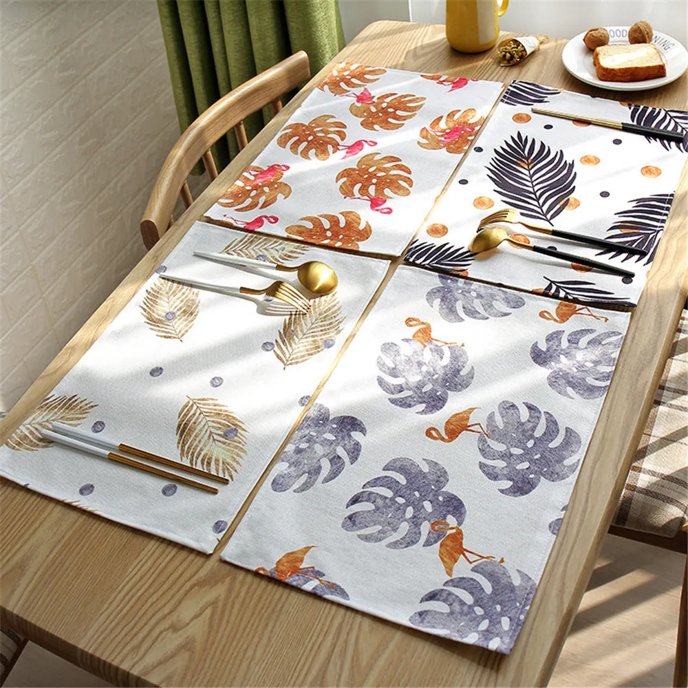 

Flamingo Placemat For Pad Dining Table Mat Cloth Linen Flax Heat Insulation Non-Slip Gold Plated Leaf Placemats Bowl Coaster 1pc