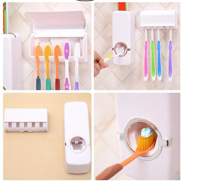 

High Quality Bathroom Accessories Set Tooth Brush Holder Automatic Toothpaste Dispenser Holder Toothbrush Wall Mount Rack