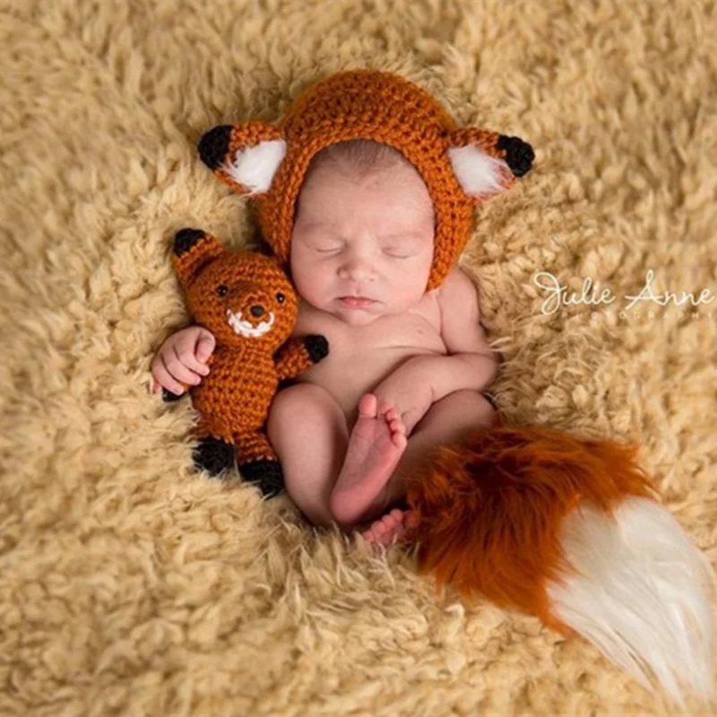 Бутафория для фотографирования Детские фотографии лиса костюм младенческой изображение новорожденного ребенка шляпу с куклы ручной работы вязаный крючком стрелять аксессуары