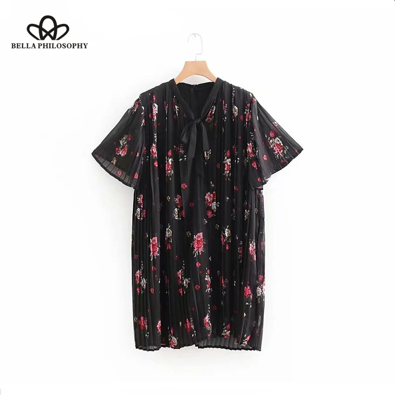 

Heydress 2019 vintage short sleeve floral print pleated mini dress female bowknot vestidos high street wear dress