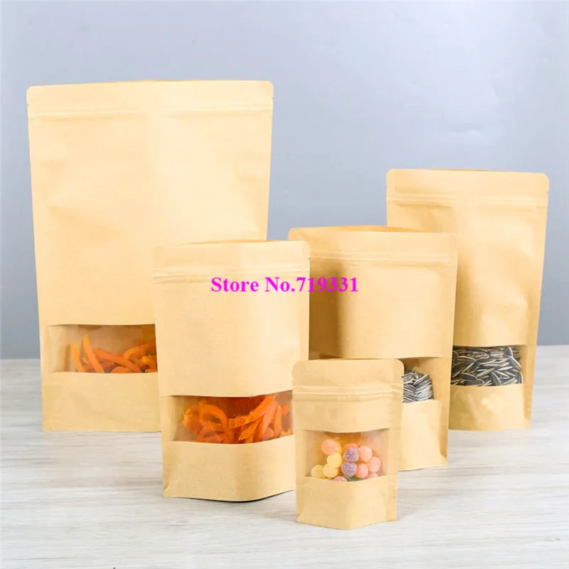 

500pcs Stand Up Kraft Paper Bags Ziplock Resealable Food Pouch Gift With Clear Window