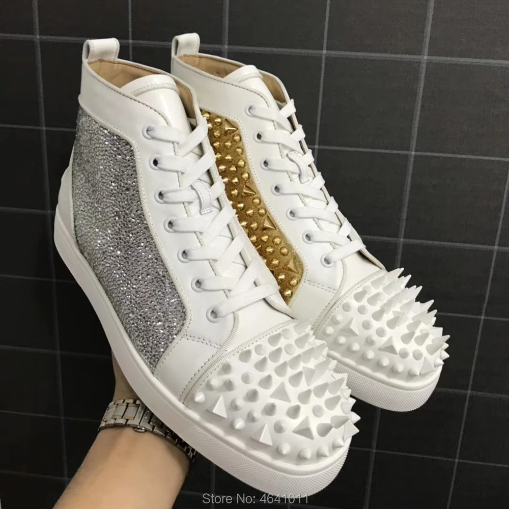 

High Top cl andgz Red bottoms Shoe Lace Up For Men White Rhinestone leather Gold Rivet casual High Cut Sneakers Flat Loafers