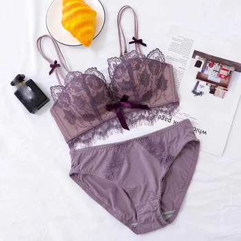 

Women Fashion Purple Sexy Lingerie Sets Wireless Lace bow 3/4 Cup Panties thicken small Bras Push Up Bra Sets Underwear A B