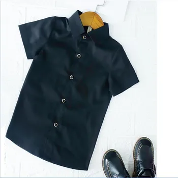

Summer Boys and Young Children Baby Student Cotton Pure Black Casual England Lapel Short Sleeve Shirt 2018