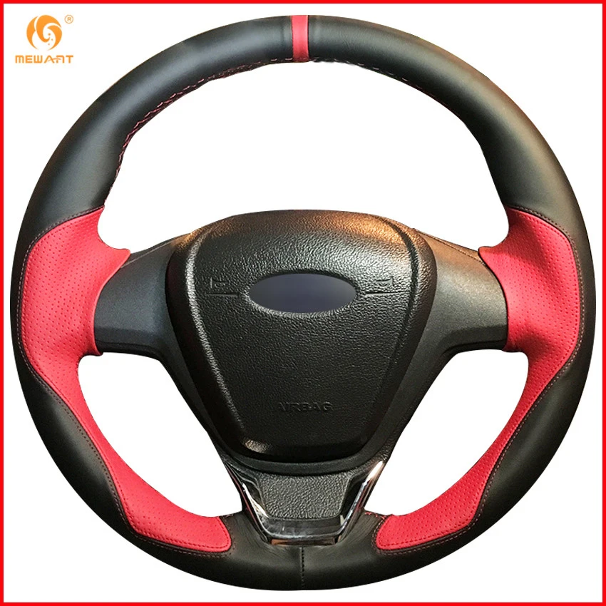 MEWANT Black Leather Red Leather Car Steering Wheel Cover for Ford