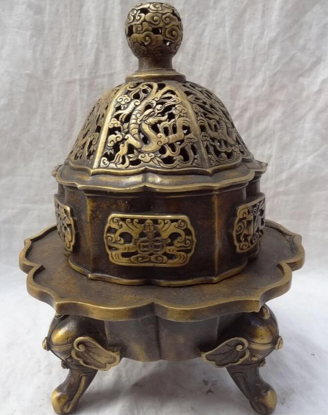 

song voge gem S4825 11" Tibet Bronze Wealth Dragon Head Statue Elephant Head Incense Burner Censer