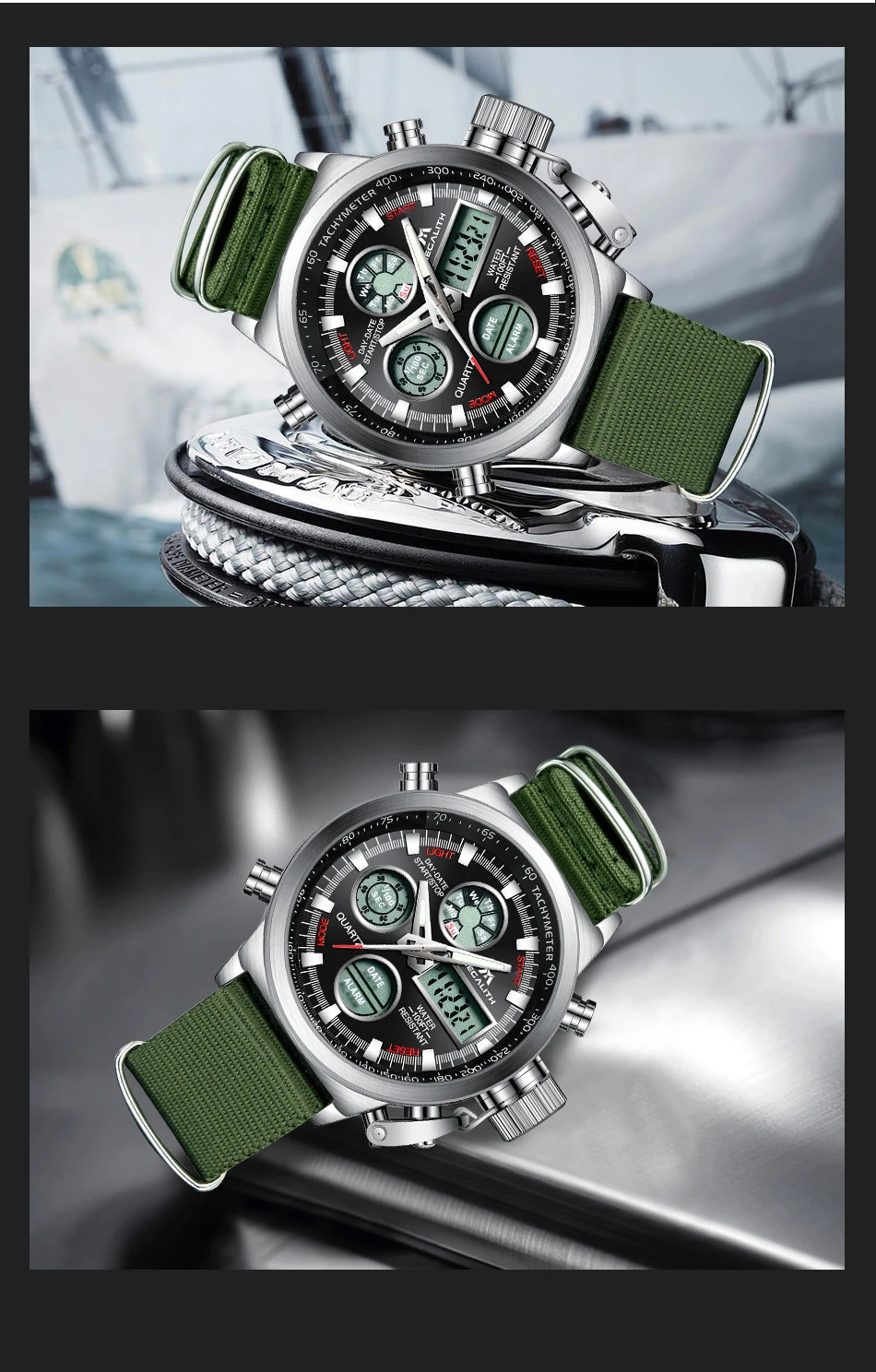 MEGALITH светодиодный цифровой мужские часы Военный Зеленый нейлон ремешок наручные часы водостойкий хронограф сигнализации спортивные часы