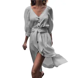 Элегантные платья Для Женщин Половина рукава с v-образным вырезом сбоку Разделение летнее платье дамы 2018 новые осенние вечерние деловая