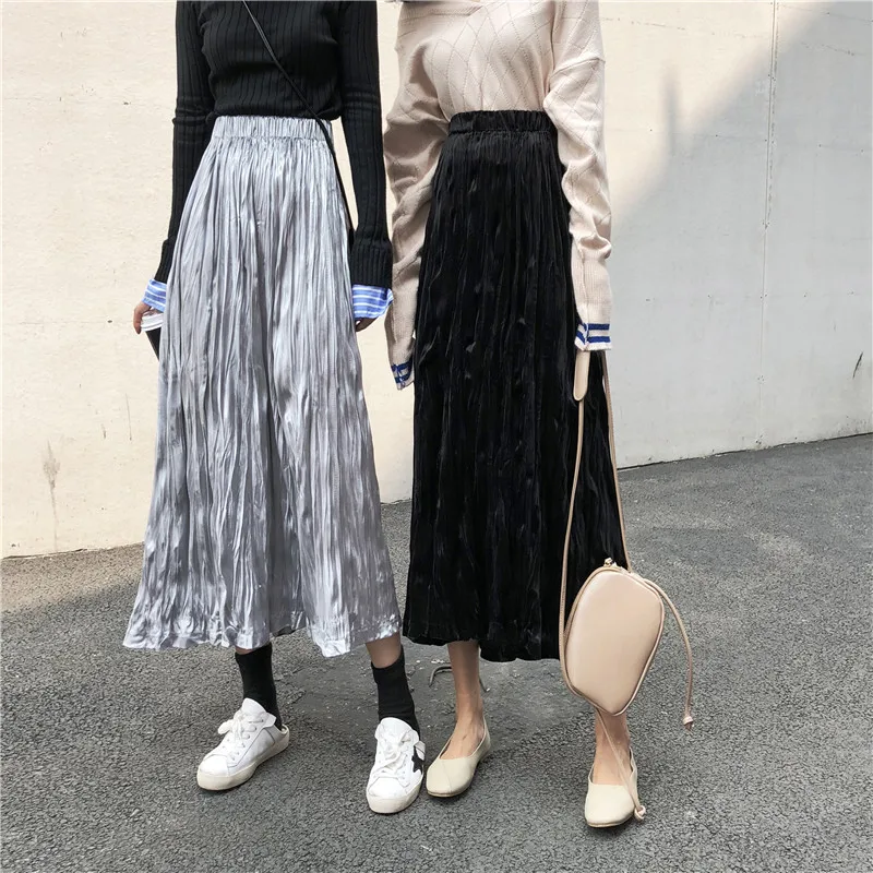 

Women Autumn Velvet Long Ruffle Skirt Elastic High Waist Plus Size Slim A-line Midi Faldas Casual Jupe Femme Saia