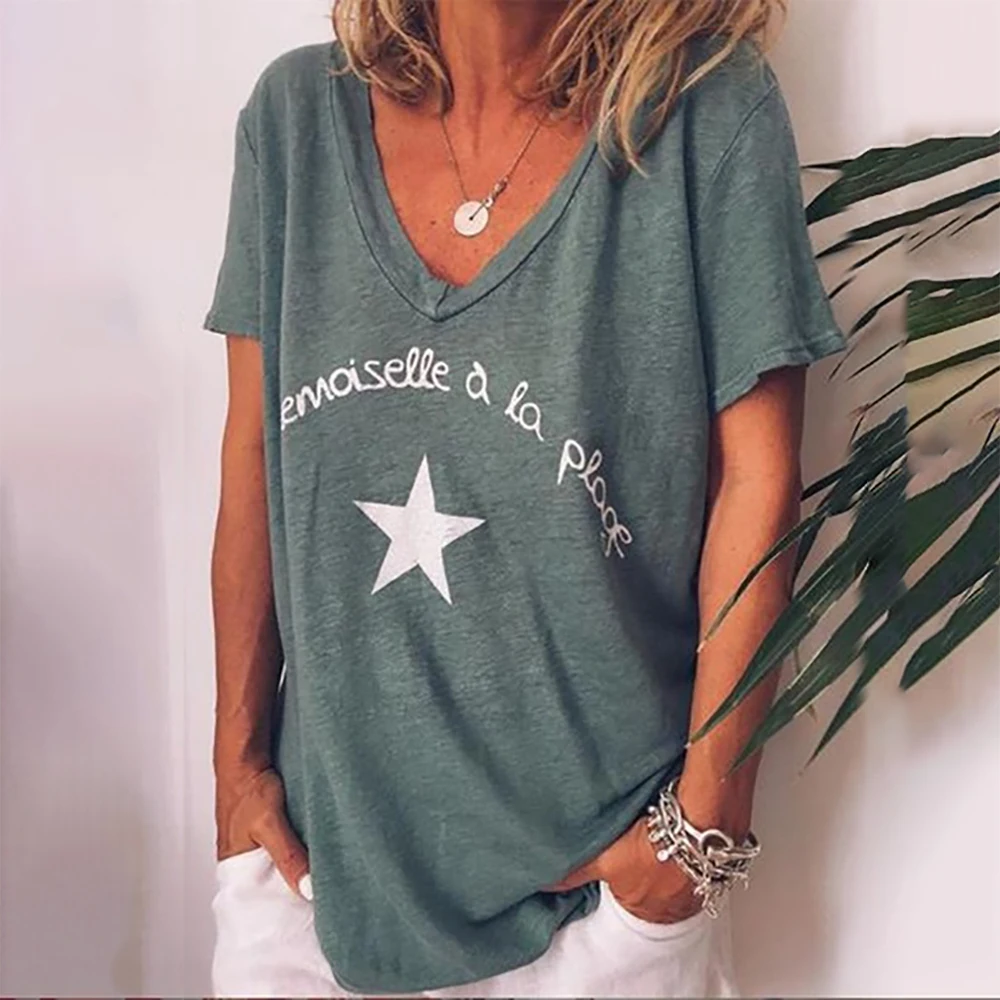 

NIBESSER Summer women simple t shirt short sleeve v neck Letter pentagram print tee tops female fashion loose summer clothes