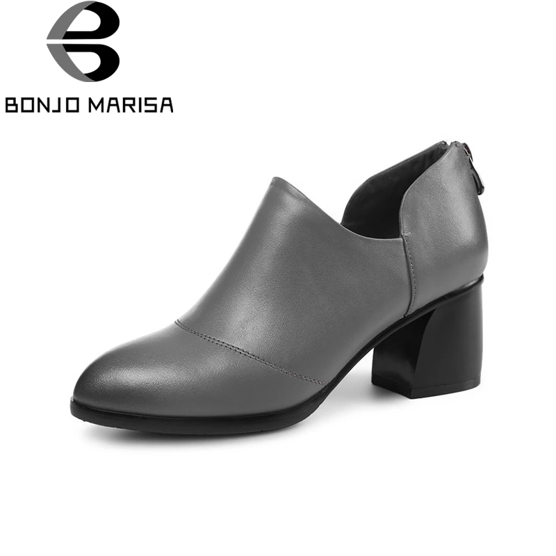 

BONJOMARISA 2018 Spring Autumn New Arrival Genuine Leather Ol Deep Pumps Elegant High Heels Zip Shoes Woman