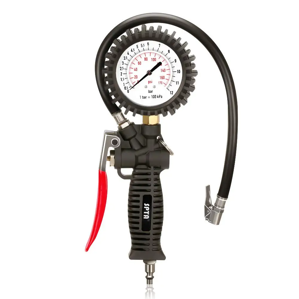 

SPTA Car Truck Tire Inflator Pressure Gauge Air Chuck Compressor Accessories Mechanical Heavy Duty + Rubber Hose + Quick Connect