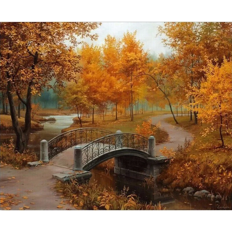 

Late Autumn Golden Bridge Hand Made Paint High Quality Canvas Beautiful Painting By Numbers Surprise Gift Great Accomplishment
