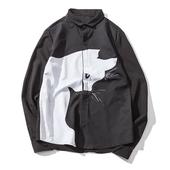 

Cat Print Shirt Men Long Sleeve Casual Oversize Hip Hop Mens Shirts Fashion Korean Big Sizes Streetwear Mens Clothing T6V08