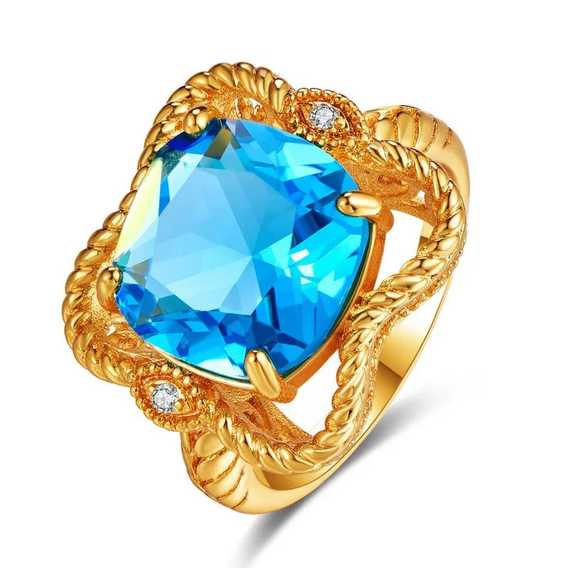 

Gold rings 2 Ct Aquamarine for women gemstone ring Round Cut Cubic Zirconia Gold Color Engagement Fashion Jewelry free shipping