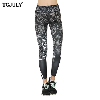 

TCJULY Lotus Flower Print Leggings For Fitness High Waisted Skinny Push Up Workout Pants Quick Dry Flex Stretch Women's Leggings