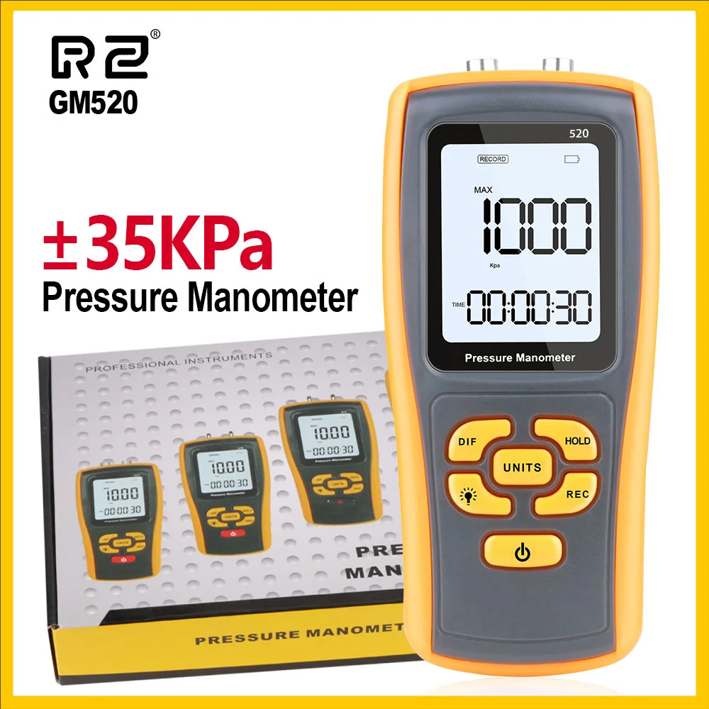 RZ Высокая точность ЖК-дисплей манометр Дифференциальный манометр GM520