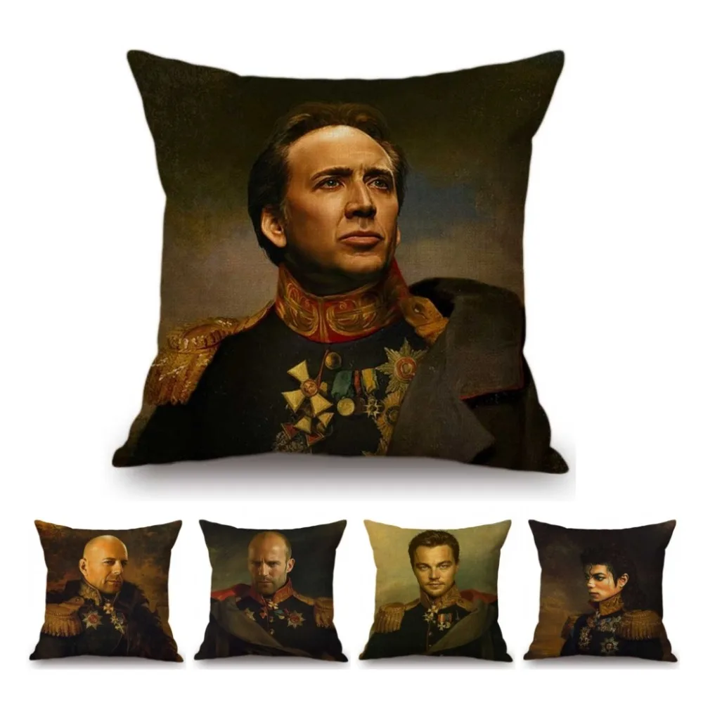

Neoclassic Movie Stars in General Costume Oil Painting Decorative Chair Throw Pillow Linen Celebrity Face Replace Cushion Cover