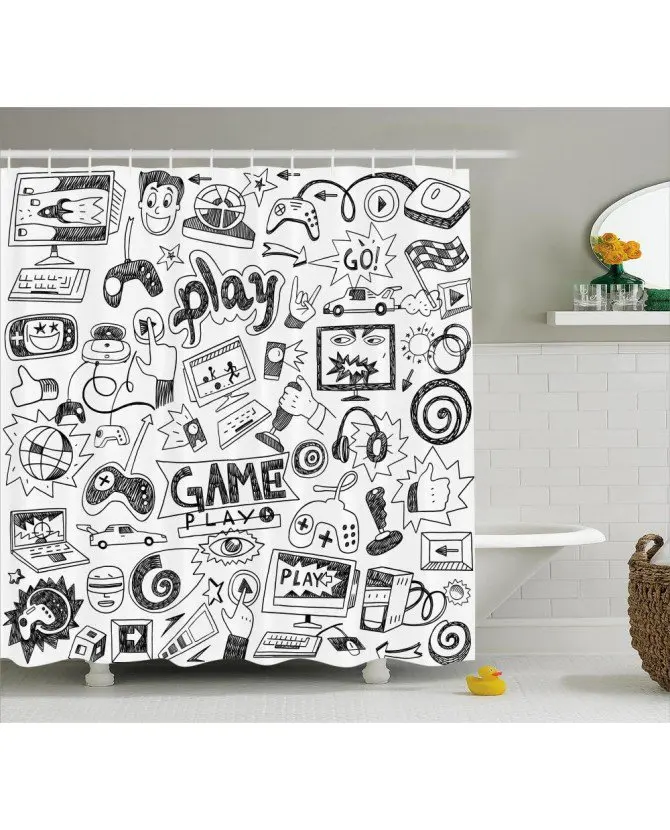 

Video Games Shower Curtain Black And White Print For BathroomWaterproof And Fabric For Kids