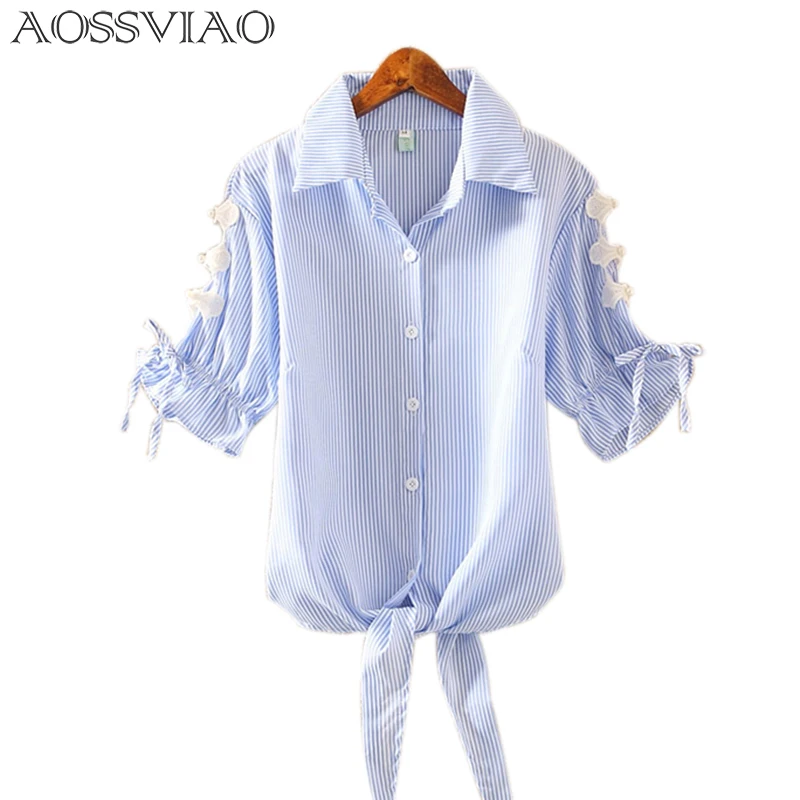 

AOSSVIAO 2019 Summer Blouse Shirt Striped Blue Short Sleeve Women Casual Tops Collar Female Clothing Lady Shirts Pink Black