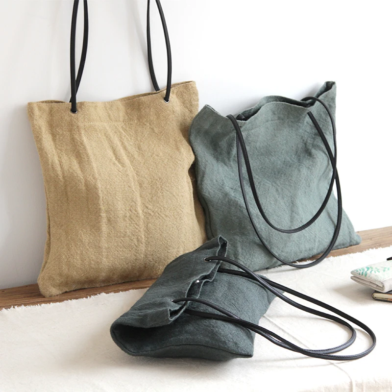

Casual Linen Bucket Handbag High Quality leather Strap Fabric Shoulder Bag 2019 Women Leisure Bohemian Boho Chic Casual Tote Bag