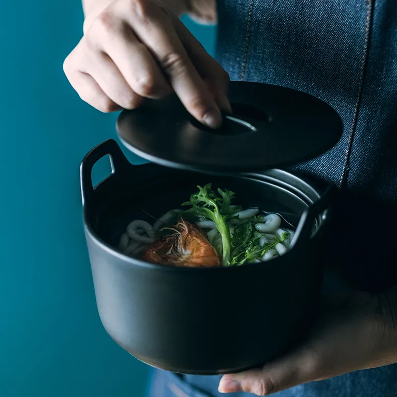 

Nordic Creative Frost Bowl Ceramic Salad Bowl with Cover Household Tableware Bowl with Handle Lid Stew Soup Bowl
