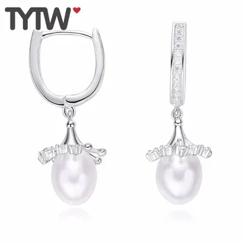 

TYTW 925 Sterling Silver Earring Freshwater pearl earrings for Women Flower Purple white Pink Shell rhodium Long HookEarbob