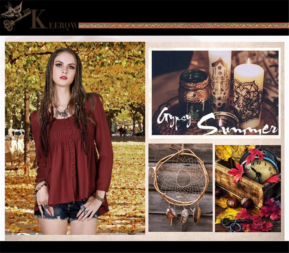 Vintage Draped Women Blouse Boho New Cotton Basic Blouse Women's Shirt Tops O-Neck Long Sleeve Single Breasted Pleated Shirt  (3)