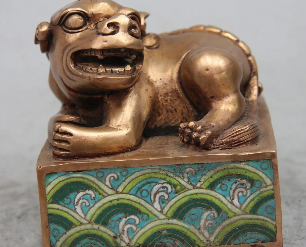 

4" Marked Chinese Cloisonne Bronze Dynasty Emperor Lion PiXiu Statue Seal Stamp